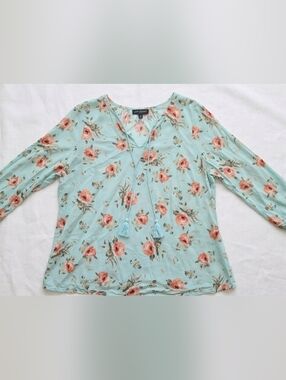 Lane Bryant Mint Floral Tassel Tie Tunic with Coral Roses